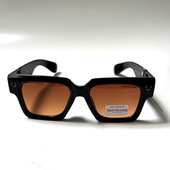 True Religion Square Sunglasses Amber Lens UV Protection NWT Acetate Black Wide - Picture 2 of 6